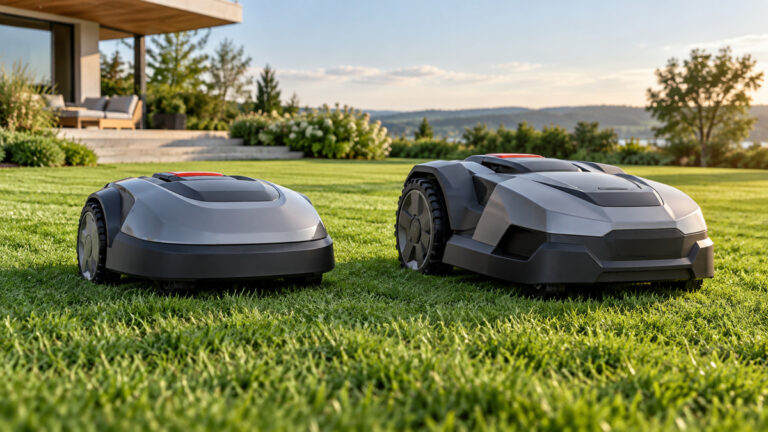 Side-by-side view of the dreame and NAVIMOW robotic lawn mowers products on a neutral background, emphasizing visible differences in size and configuration.