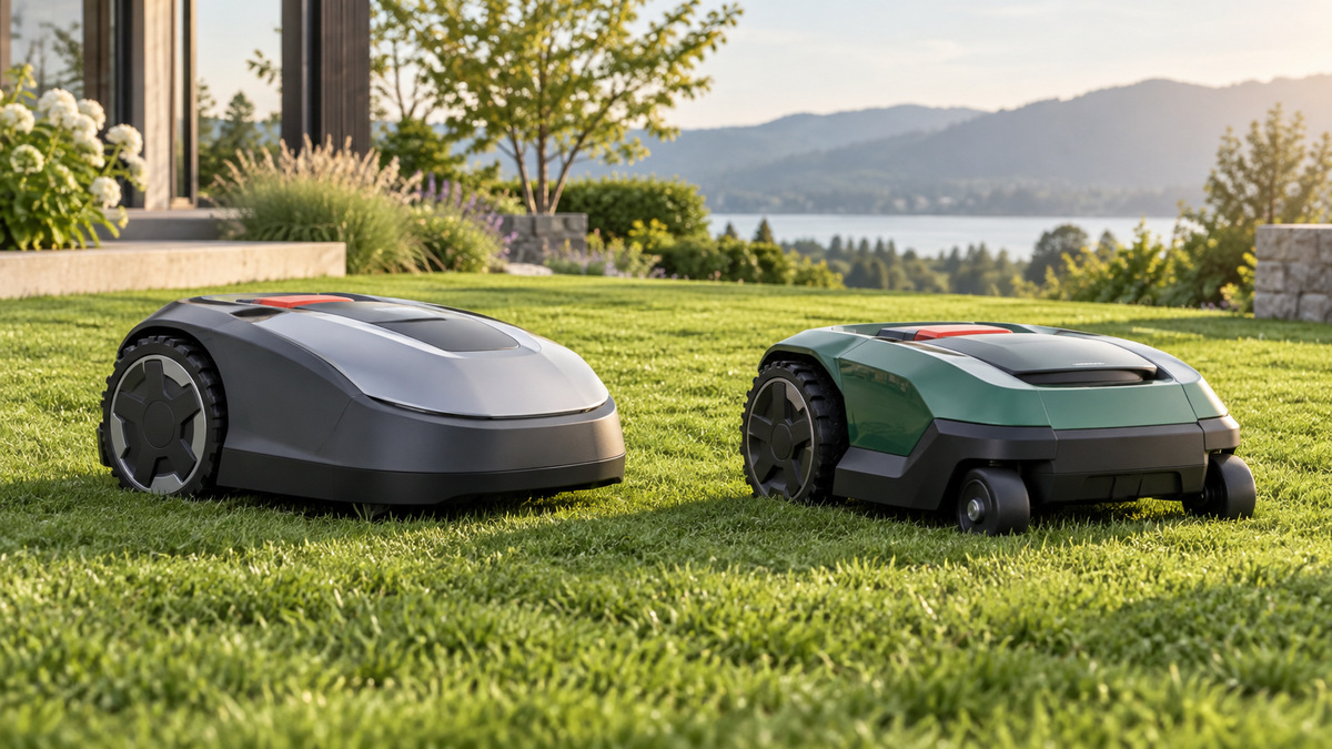 A clean editorial comparison scene showing generic robotic lawn mowers ecovacs and dreame options side by side.