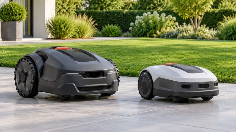 Side-by-side view of the ECOVACS and Mammotion robotic lawn mowers products on a neutral background, emphasizing visible differences in size and configuration.