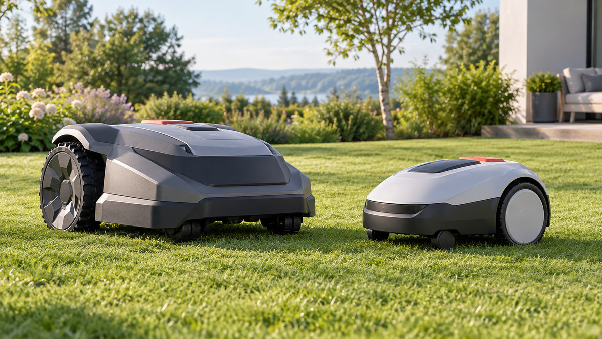 Two generic robotic lawn mowers with different sizes and wheel designs on a lawn.