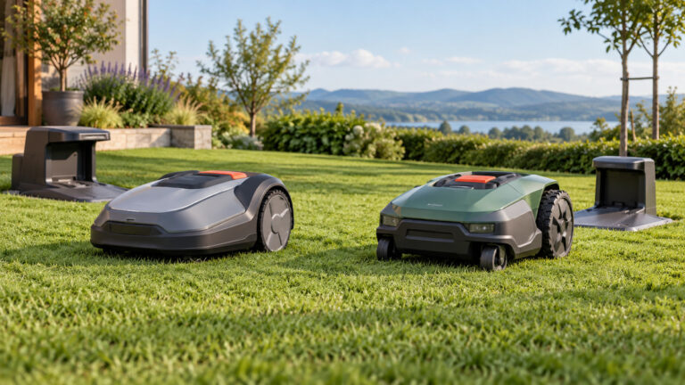 Two generic robotic lawn mowers arranged side by side on a lawn.