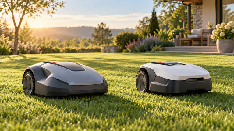 Editorial comparison scene featuring generic robotic lawn mowers worx options in natural light.