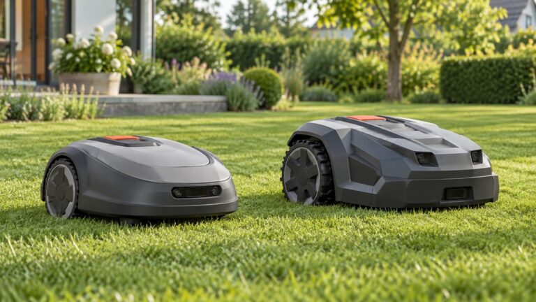 Side-by-side view of the WORX and MOVA robotic lawn mowers products on a neutral background, emphasizing visible differences in size and configuration.