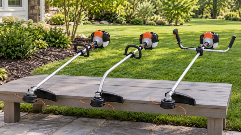 Generic string trimmers with different shaft configurations are displayed beside a tidy residential yard.