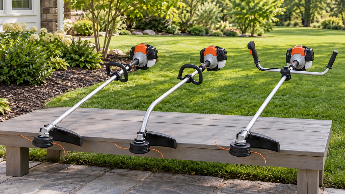 Generic string trimmers with different shaft configurations are displayed beside a tidy residential yard.