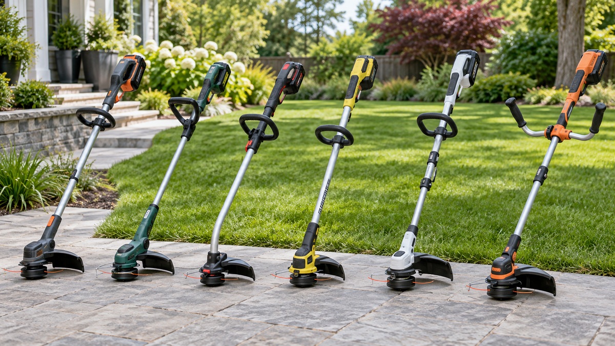 Six cordless string trimmer configurations compared beside a neatly edged lawn.