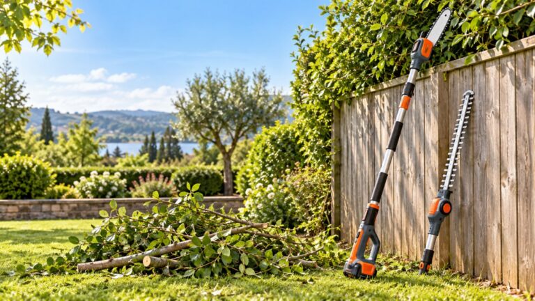 A cordless pole saw with an extension pole and a hedge trimmer head, leaning against a fence beside a pile of trimmed branches.
