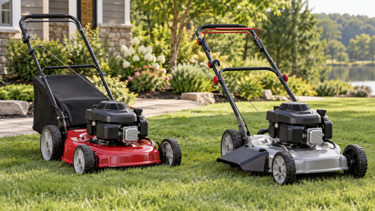 Two generic gas push mower configurations in a tidy yard.