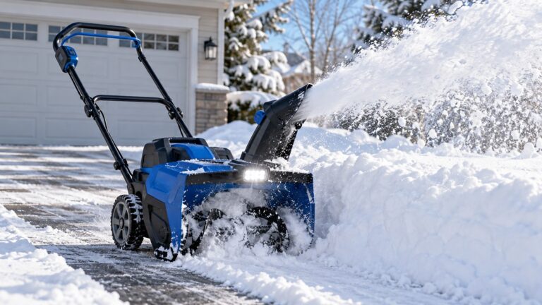 A blue single-stage cordless snow blower with an 18-inch auger, its chute angled to throw snow across a driveway, with a light on the front and a snow pile beside a garage.