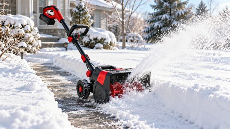 A cordless electric snow shovel with a wheel-assisted frame clearing a path of fresh snow beside a walkway.