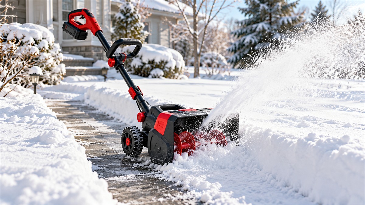 A cordless electric snow shovel with a wheel-assisted frame clearing a path of fresh snow beside a walkway.