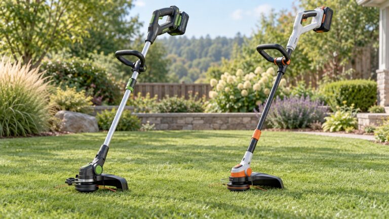 Editorial comparison scene for string trimmers greenworks versus ego power.
