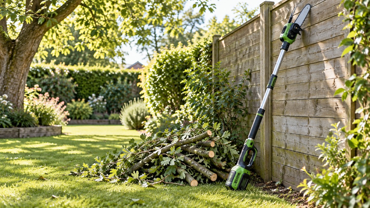 A cordless pole saw with a telescopic pole and an 8-inch chainsaw head, leaning against a garden fence beside a pile of cut branches.