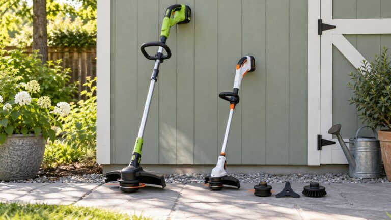 Side-by-side view of the EGO Power+ and SnapFresh trimmers & accessories products on a neutral background, emphasizing visible differences in size and configuration.