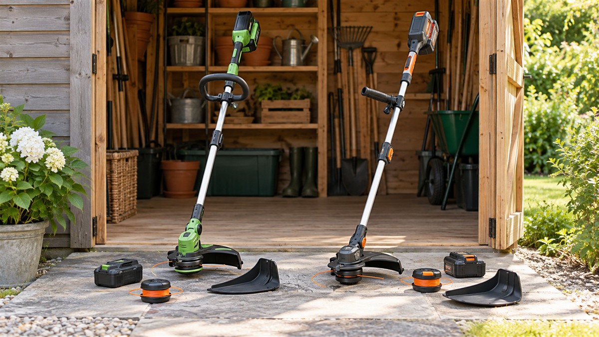 Two generic cordless string trimmer setups with different shafts and accessories.