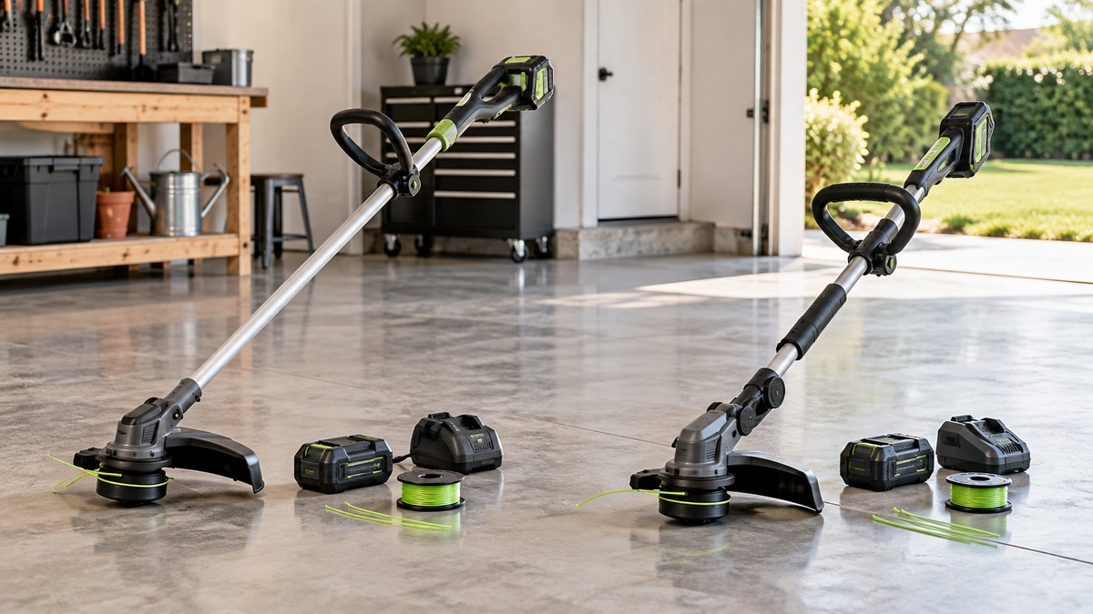 Side-by-side view of the EGO Power+ and WORX trimmers & accessories products on a neutral background, emphasizing visible differences in size and configuration.