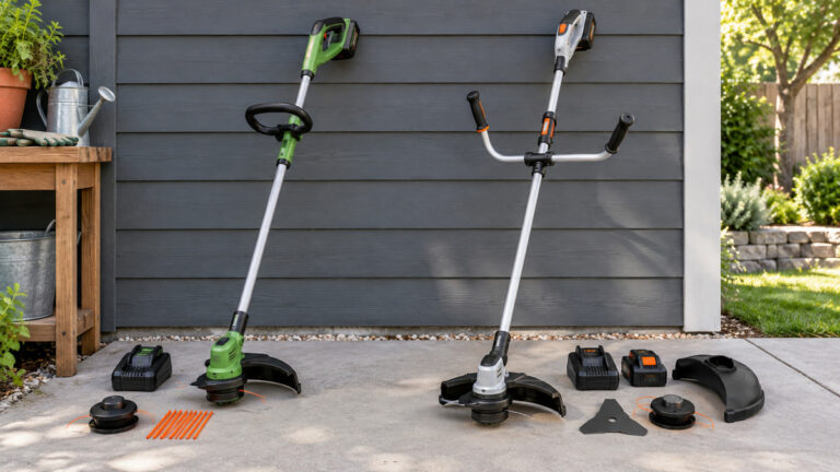 A clean editorial comparison scene showing generic trimmers accessories workpro and black decker options side by side.