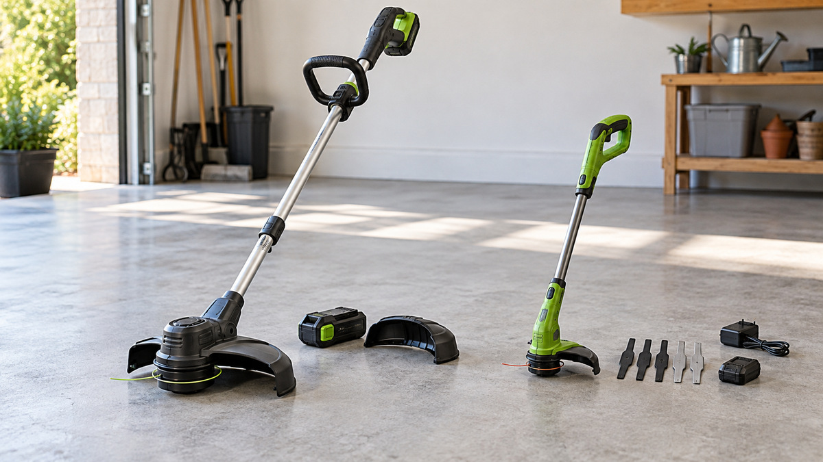 A full-size cordless grass trimmer beside a compact trimmer and accessory kit.