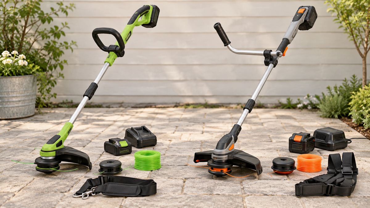 Two generic cordless grass trimmer setups with accessories arranged for comparison.