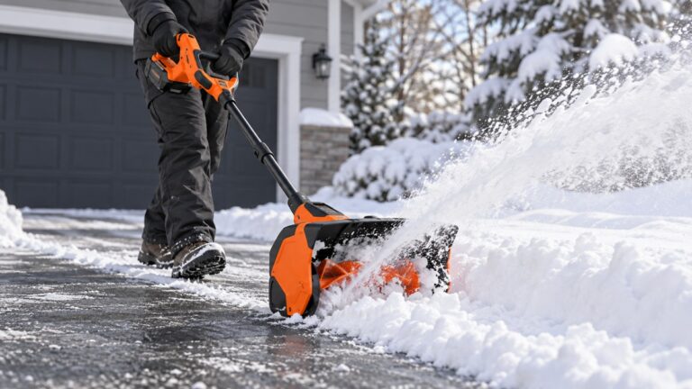An orange and black cordless snow shovel with two battery packs seated on its handle, clearing a short strip of snow from a paved driveway.