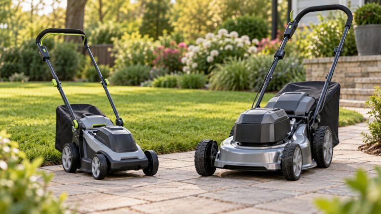 Side-by-side view of the EGO Power+ and EWORK walk-behind lawn mowers products on a neutral background, emphasizing visible differences in size and configuration.