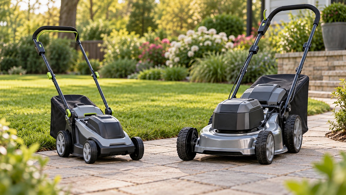 Side-by-side view of the EGO Power+ and EWORK walk-behind lawn mowers products on a neutral background, emphasizing visible differences in size and configuration.