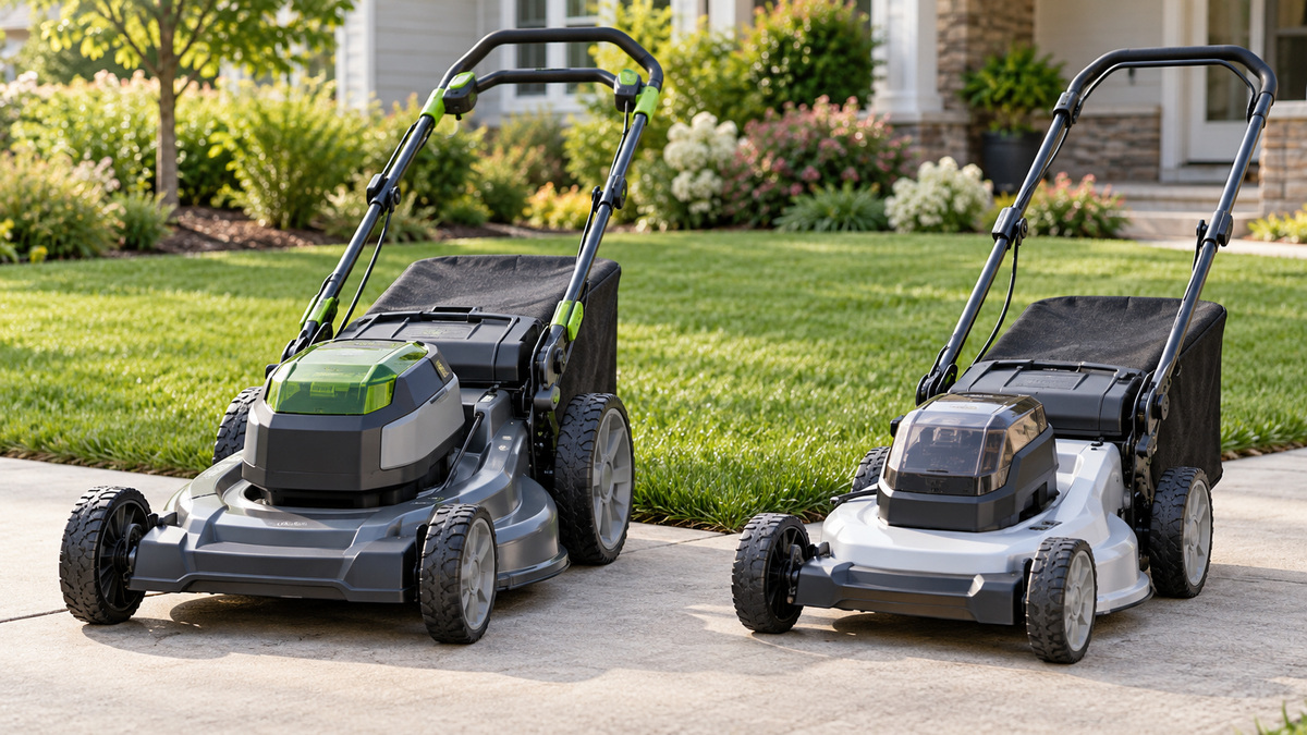 Two generic battery lawn mowers with different deck and battery designs.