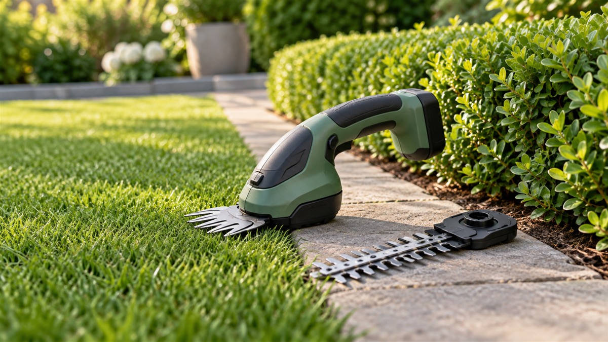 A light cordless grass shear with a short shrub blade resting on a garden lawn edge.