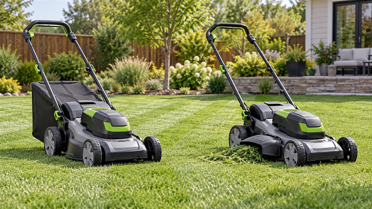 A generic compact cordless walk-behind mower shown in two mowing configurations.