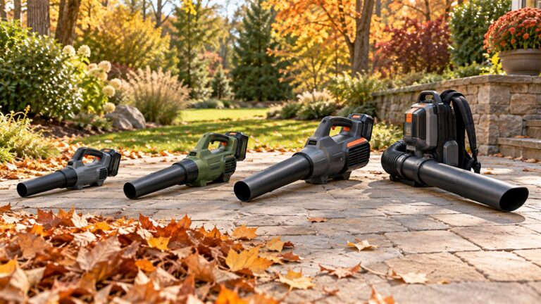 Four cordless leaf blowers arranged on an autumn garden path.