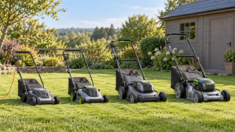 Four electric lawn mowers arranged on a freshly cut lawn.