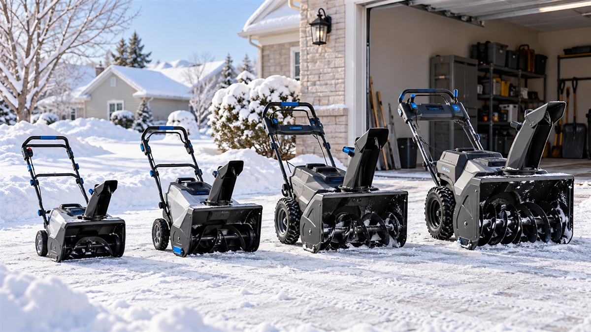 Four electric snow blowers arranged outside an open garage.
