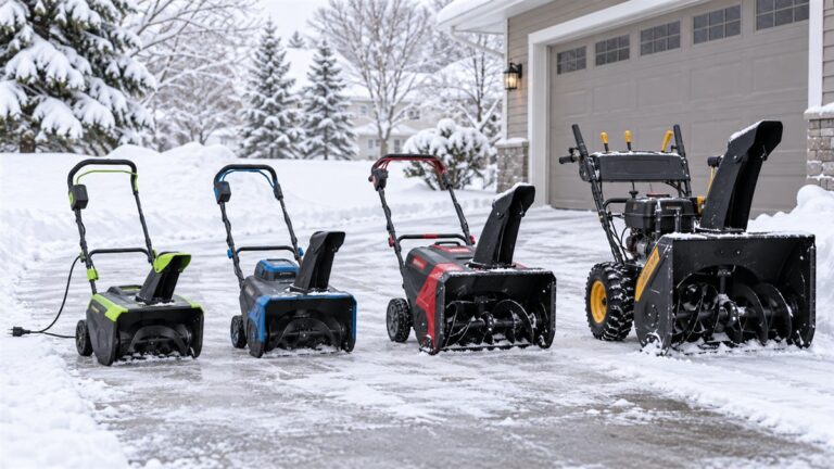Four electric snow blowers lined up on a snowy driveway.