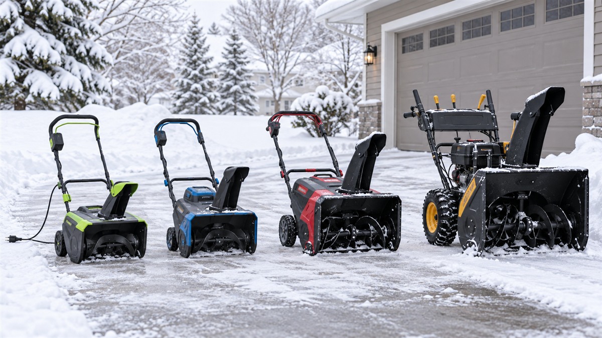 Four electric snow blowers lined up on a snowy driveway.