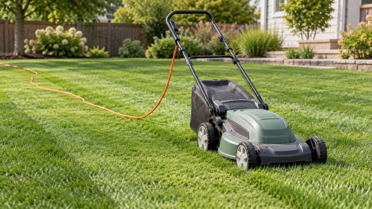 Corded electric mower with an outdoor extension cord routed safely across a lawn