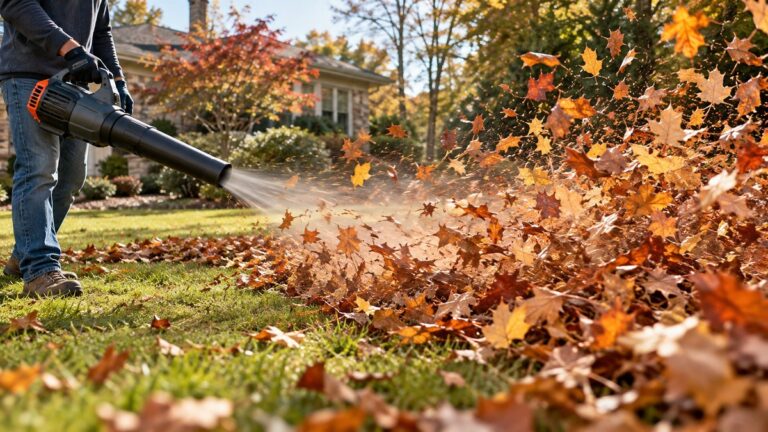 Leaf blower moving a broad stream of autumn leaves across a yard