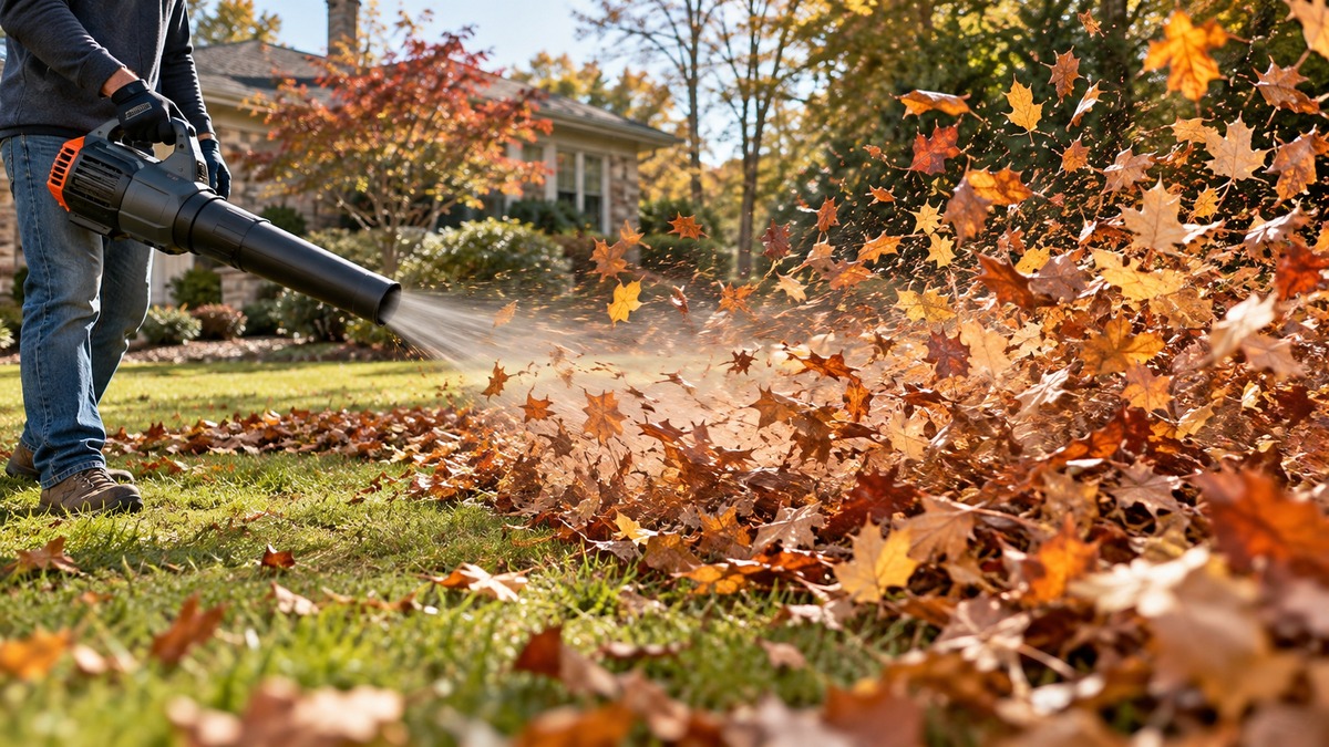 Leaf blower moving a broad stream of autumn leaves across a yard