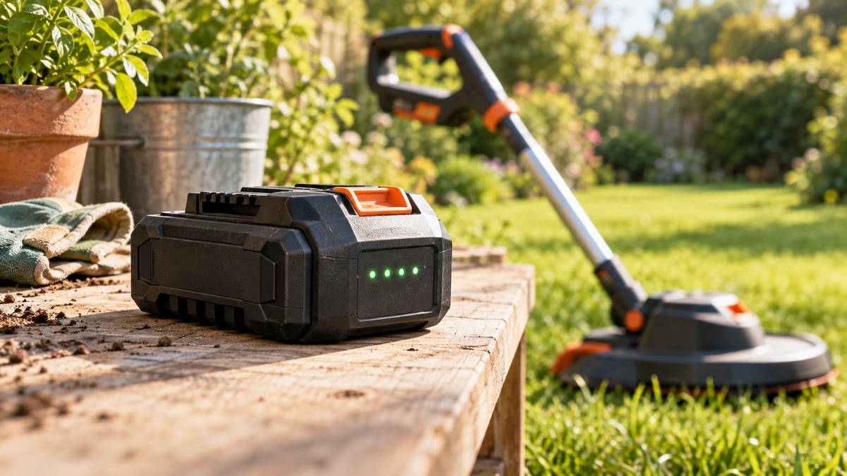 Cordless yard tool battery with illuminated charge indicators on a garden workbench