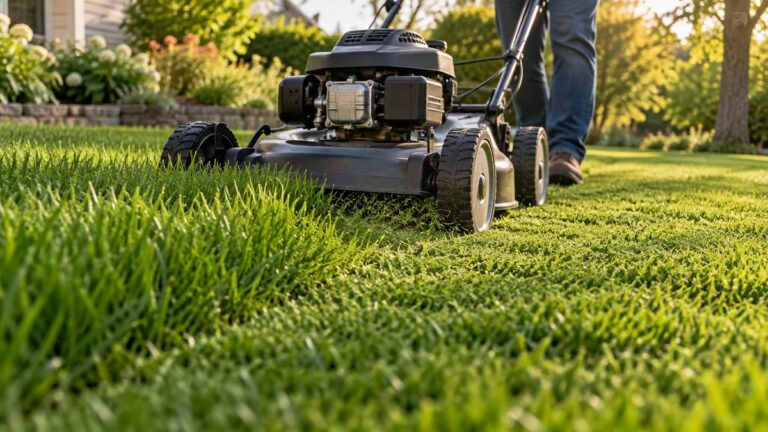 Lawn mower finely cutting grass clippings back into the turf