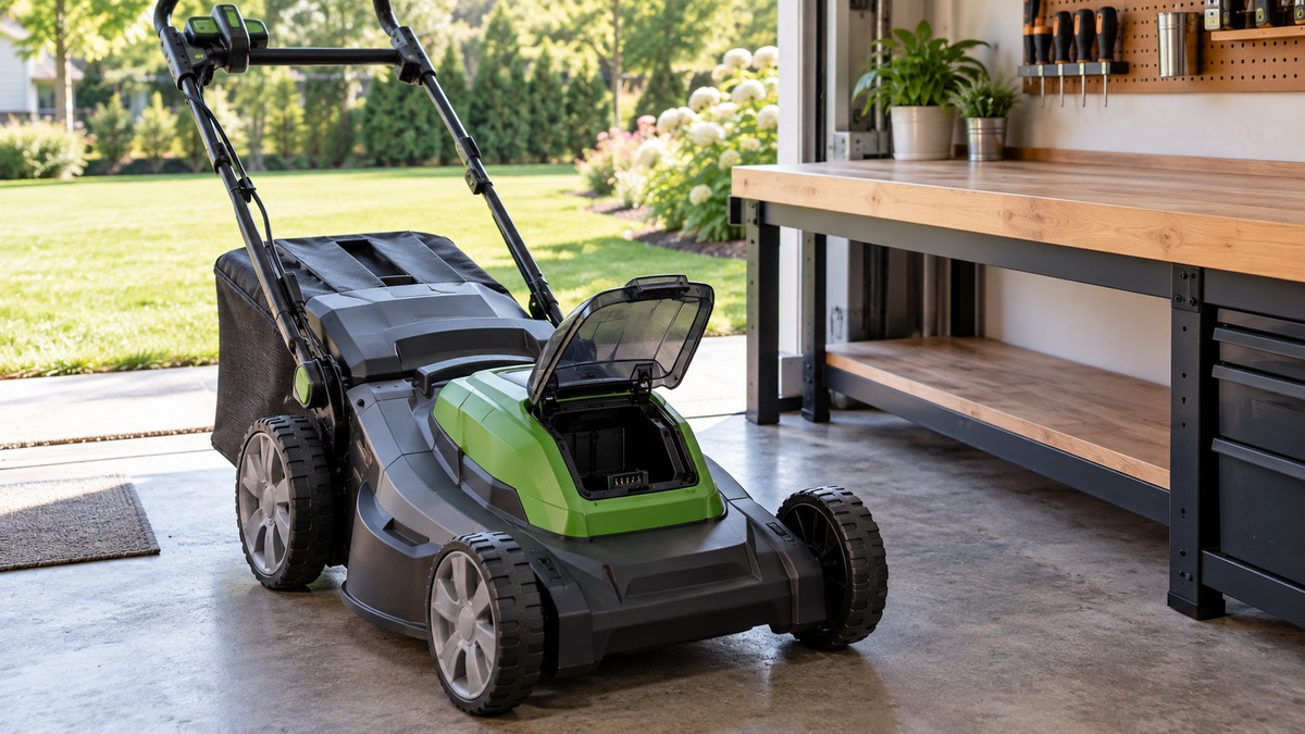 Cordless mower shown alone with its empty battery compartment open