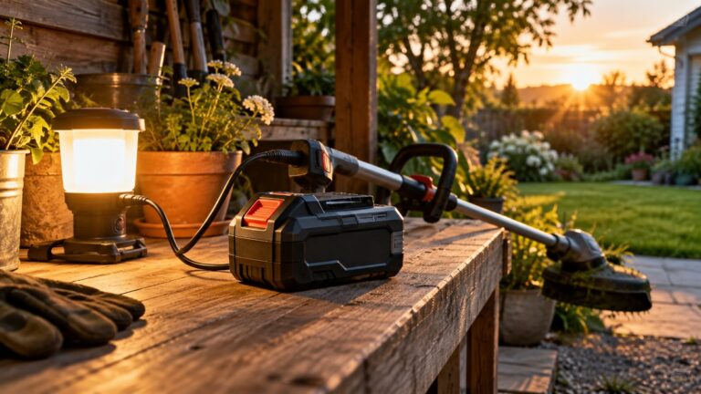 Cordless tool battery supplying energy to garden equipment and a work light