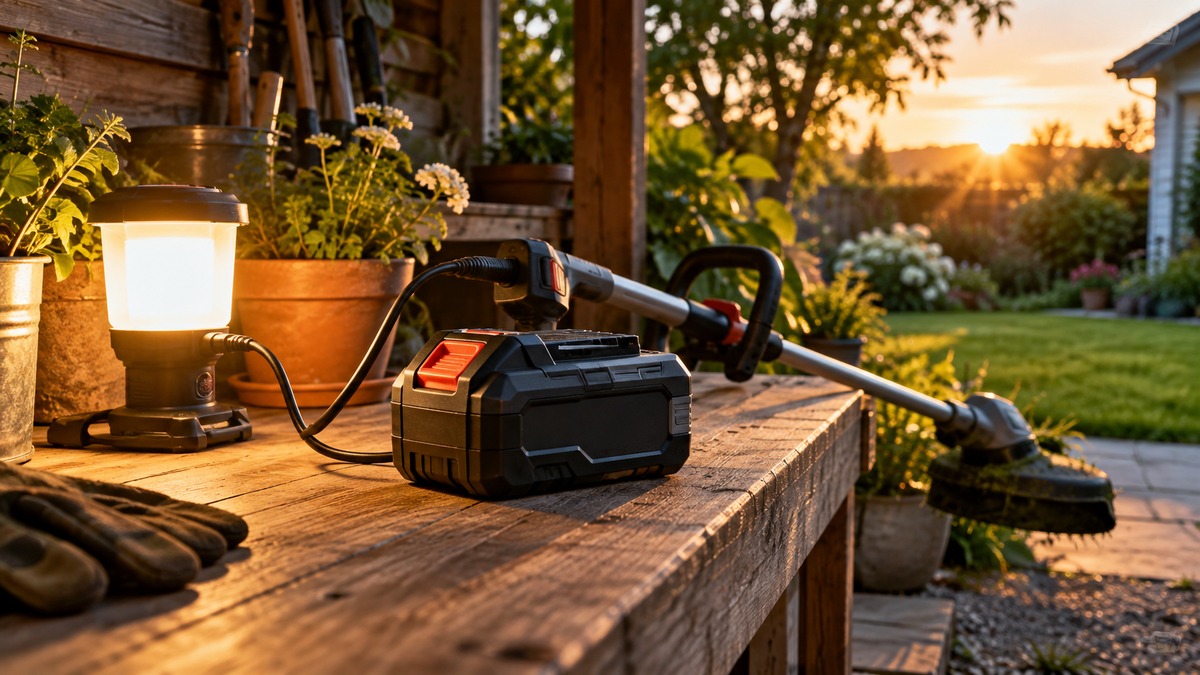 Cordless tool battery supplying energy to garden equipment and a work light