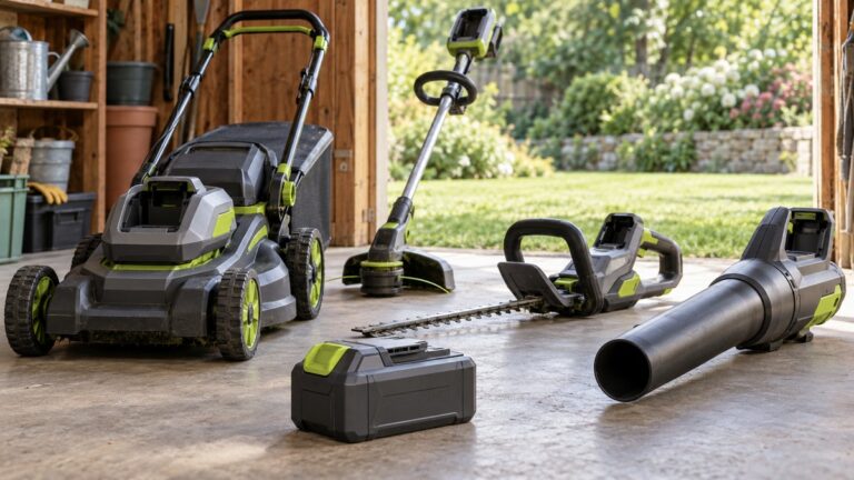 One interchangeable battery beside several compatible cordless yard tools