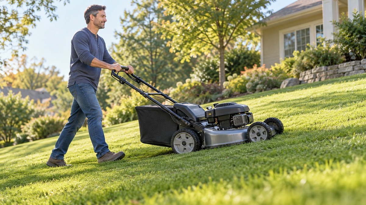 Person comfortably guiding a self-propelled mower uphill