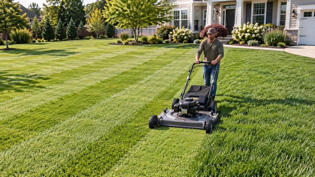 Wide-deck lawn mower cutting a broad stripe across a large lawn