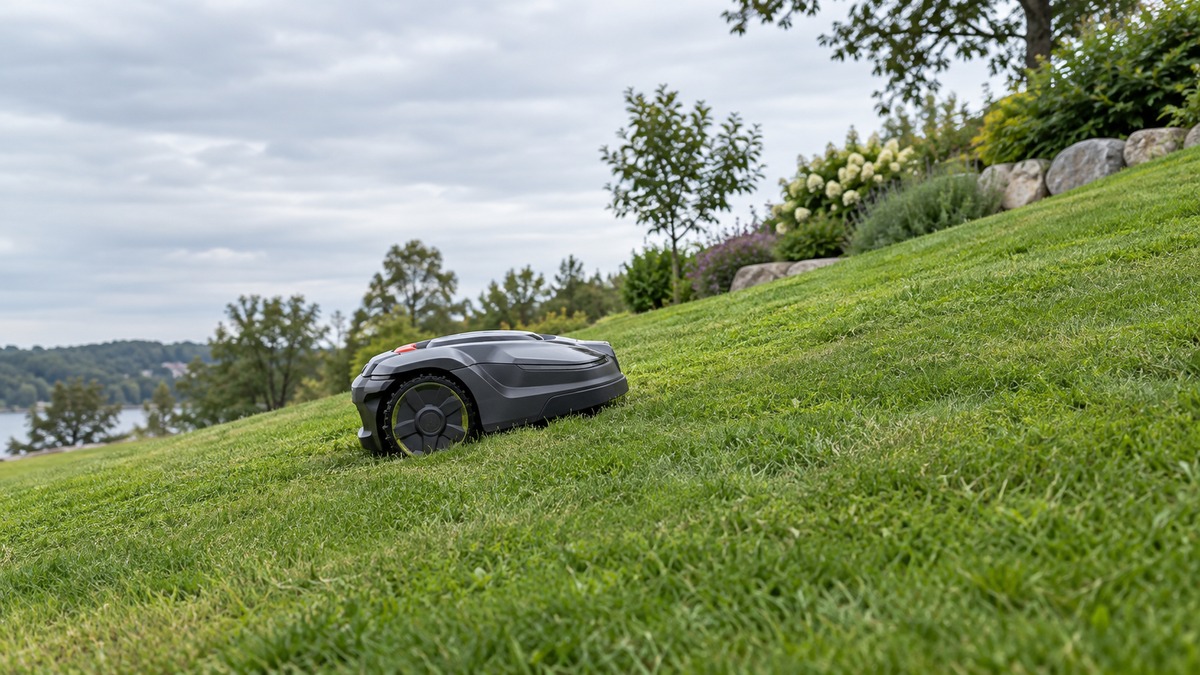 Robotic lawn mower working across a moderately sloped lawn
