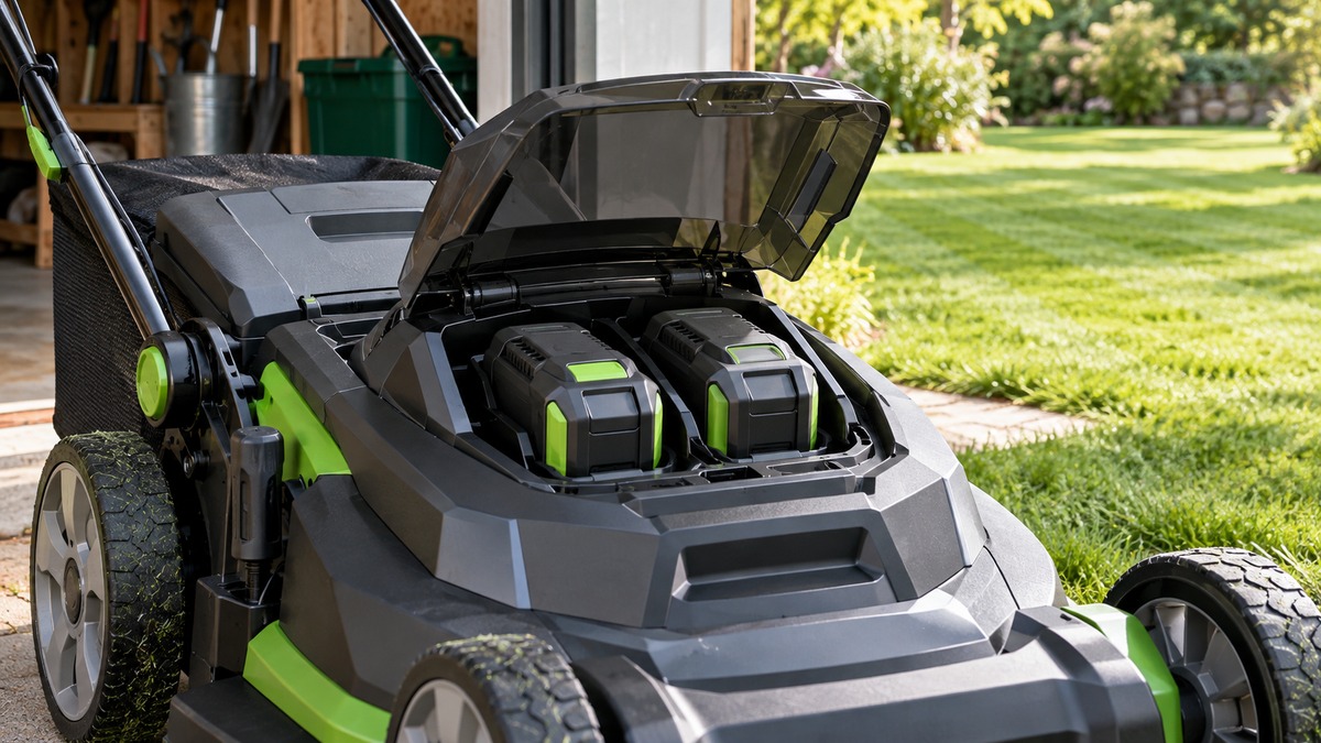 Two matching batteries installed side by side in a cordless mower