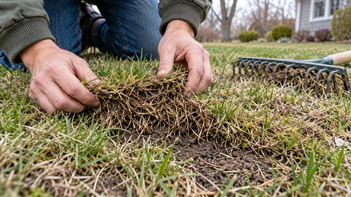 Gardener lifting turf to reveal a dense brown thatch layer above the soil