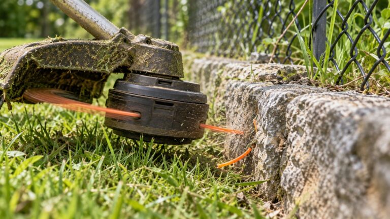 String trimmer line breaking against a rough stone lawn edge