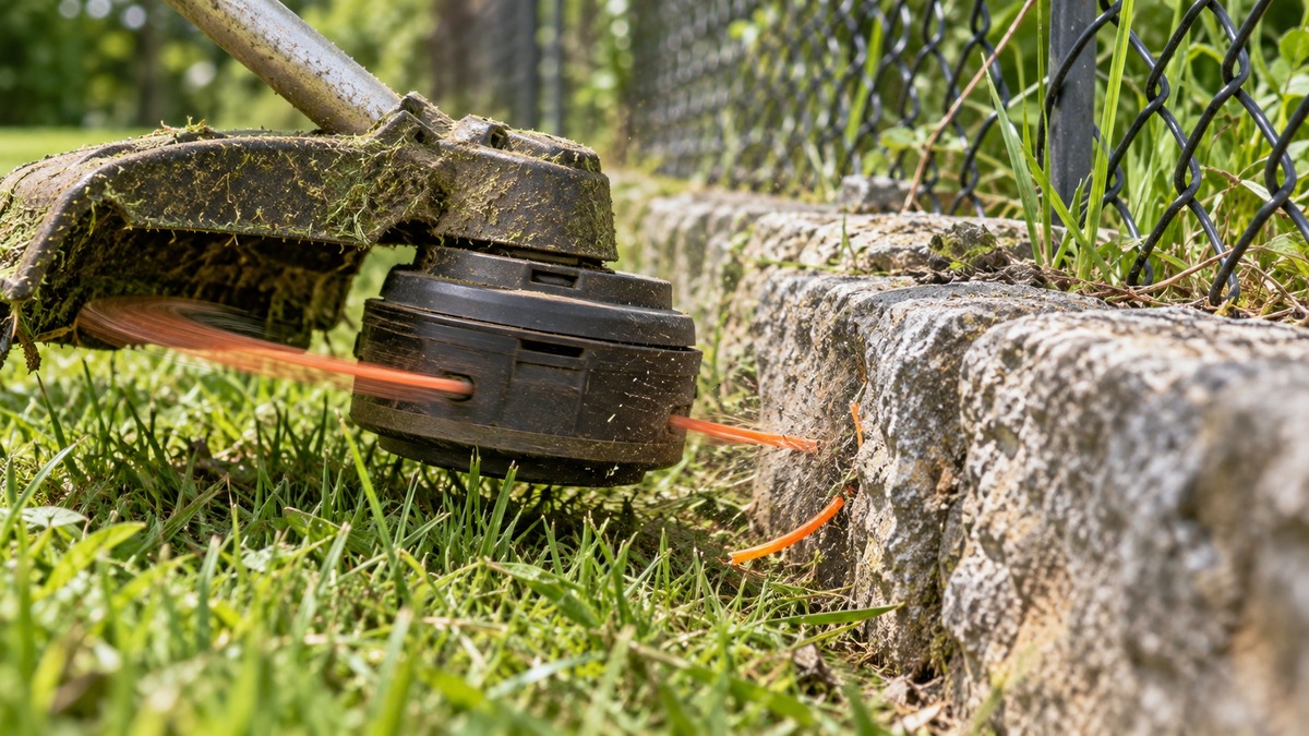 String trimmer line breaking against a rough stone lawn edge